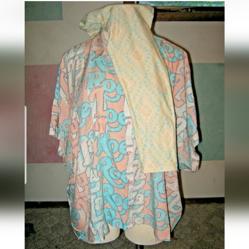 LuLaRoe Blue Pink Logo Button Pocket Shirt & Cream Blue Dot Leggings Set 3XL TC